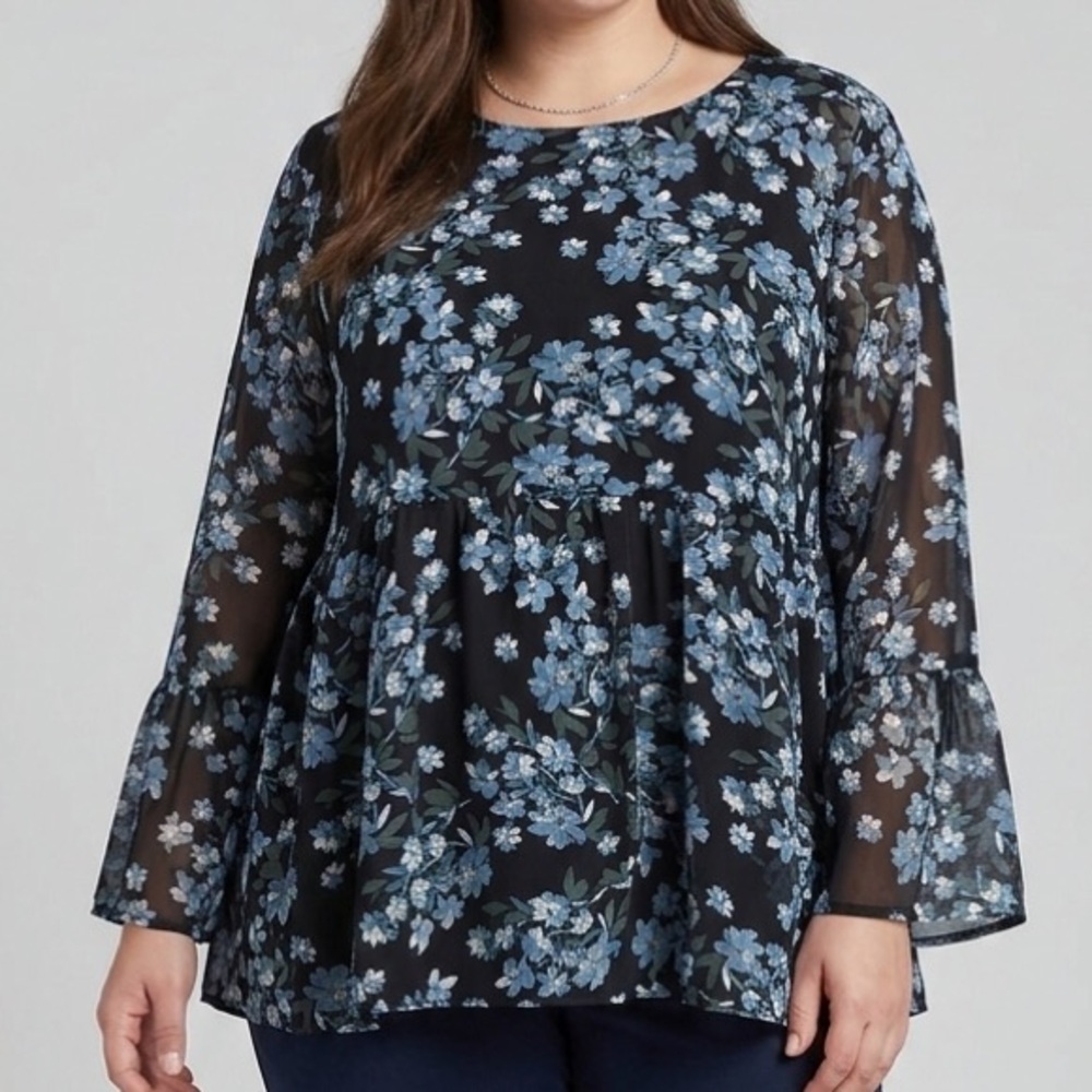 😍 SHOW SPECIAL -GEORGE black long sleeve gathered waist floral blouse XL